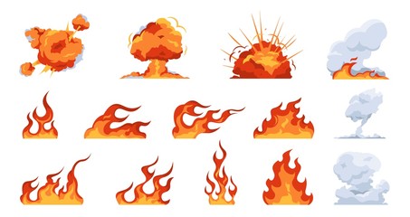 Cartoon fire flame. Flat fireball smoke and explosion effects, flames of different shapes. Vector fire ignition and heat danger set. Fireball illustration and flaming collection symbol