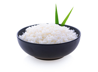 Wall Mural - Japanese rice in black bowl  on white background