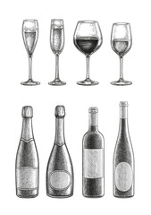 Wall Mural - Bottles and glasses with champagne and wine.