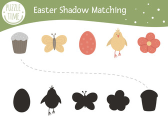 Wall Mural - Easter shadow matching activity for children. Preschool Christian holiday puzzle. Cute spring educational riddle. Find the correct silhouette game..