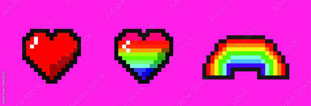 Set of pixel art icons in retrowave 8-bit style like in old video games ...