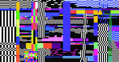 Poster - Webpunk style glitched background with VHS artifacts, random pixel noise. Vaporwave and retrowave aesthetics of 80's.
