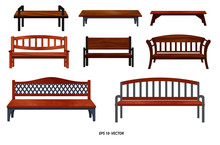 Set Of Realistic Bench Wood Garden Or Street Bench Seat Or Bench Cartoon. Easy To Modify