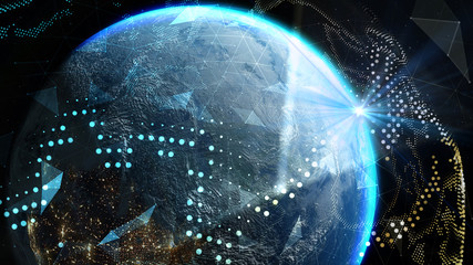 Wall Mural - The sun's rays from the rising sun illuminate the earth in outer space. Global world network and telecommunication on earth. Elements of this image furnished by NASA - 3d illustration.