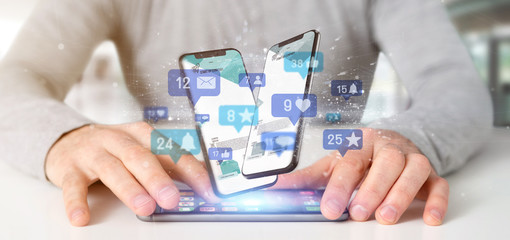Poster - Businessman holding Social network notifications - 3d rendering