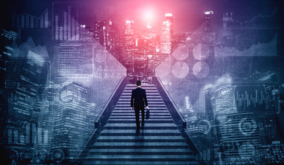 Wall Mural - Ambitious business man climbing stairs to meet incoming challenge and business opportunity. The high stair represents the concept of career path success, future planning and business competitions.