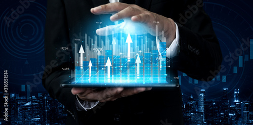 Fotomural Double Exposure Image of Business and Finance - Businessman with report chart up forward to financial profit growth of stock market investment