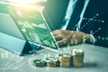 Fototapete - Data Analysis for Business and Finance Concept. Graphic interface showing future computer technology of profit analytic, online marketing research and information report for digital business strategy.