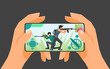 © Menara Grafis - Game display on phone screen vector illustration and design. Young man playing battle royale shooting game on Smartphone. Can be used for web, mobile, and print. Suitable for infographic