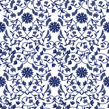 Floral Pattern. Blue And White Ceramic Pattern. Porcelain Pattern Background Design. Great For Wallpaper, Gifts, Textile, Tableware, Packaging Design.