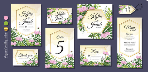 Set wedding invite, invitation, thank you, menu, rsvp, label card vector floral design with pink wild flowers green leaves greenery foliage bouquet and golden frame. Watercolor elegant big set.