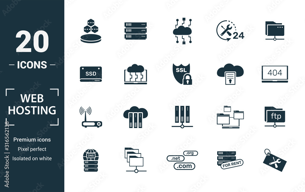 Web Hosting icon set. Include creative elements data structure, cloud ...
