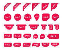 Red Sale Label Collection Big Set. Sale Tags. Discount Red Ribbons, Shopping Tags, Banners And Icons. Sale Icons. Elements Isolated On White Background. Vector Illustration.