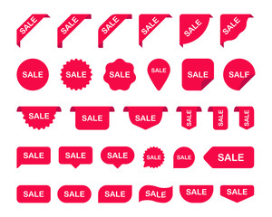 Wall Mural - Red Sale Label Collection Big Set. Sale tags. Discount red ribbons, shopping tags, banners and icons. Sale icons. Elements isolated on white background. Vector illustration.