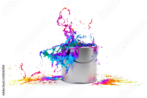 Fotografia Rainbow colored paint splashing from silver shiny paint bucket on to white backg