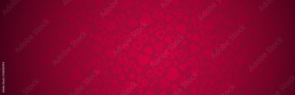 Red banner with valentines hearts and keys. Valentines greeting banner. Horizontal holiday background, headers, posters, cards, website. Vector illustration - obrazy, fototapety, plakaty 