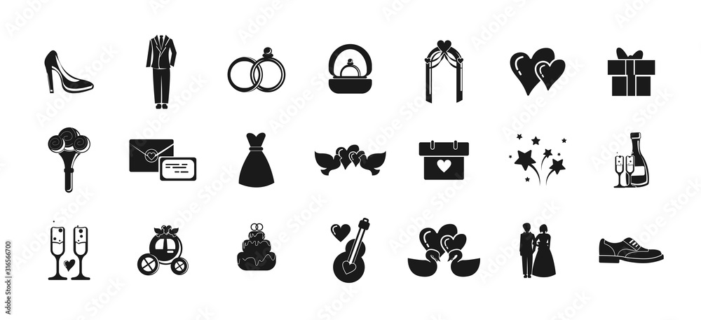 wedding icon set with wedding rings, bride and groom vector icons Stock ...