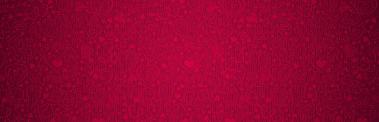 red banner with valentines hearts. valentines greeting banner. horizontal holiday background, header