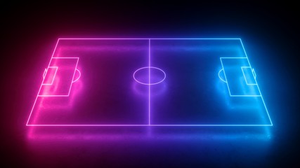 3d render, neon soccer field scheme, football playground, virtual sportive game, pink blue glowing l