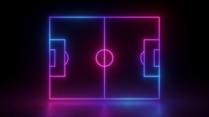 3d render, neon soccer field scheme, football playground, virtual sportive game, pink blue glowing l