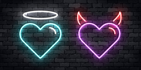 Wall Mural - vector realistic isolated neon sign of angel and devil hearts for decoration and covering on the wal
