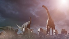 Different Dinosaurs On Prehistoric Background Of Nature, 3d Render