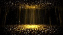 Gold Particles Abstract Background With Shining Golden Floor Particle Stars Dust. Futuristic Glittering Fly Movement Flickering Loop In Space On Black Background.	