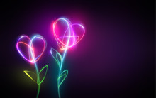 Multicolor Neon Light Drawing, Abstract Heart Shape Flowers Isolated On Black Background. Glowing Line Art. Festive Concept For Valentine Day