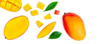 Seamless Pattern With Mango Fruit With Pieces. Tropical Mango Isolated On The White Background.  Top View. Flat Lay.