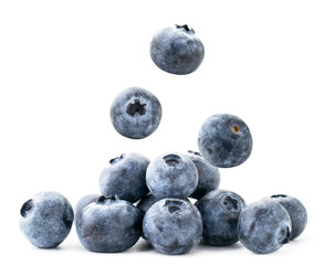 Wall Mural - Blueberries falling, flying close-up on a white background