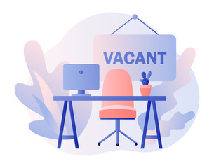 Wall Mural - We are Hiring. Recruitment and headhunting agency. Jobs concept. Vacant job position. Workplace, workspace with no people. Modern flat cartoon style. Vector illustration on white background