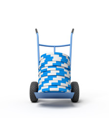 Poster - 3d rendering of stack of blue and white poker chips on blue hand truck.