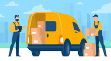 Fast Delivery Service. Flet Design Vector Concept Of Online Retail And Store Delivery For Mobile Apps And Websites With Delivery Car And Stuff.