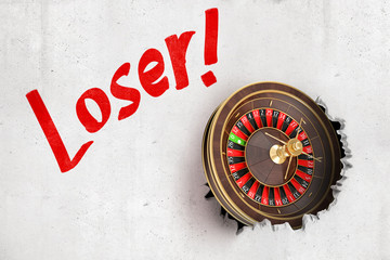 Poster - 3d rendering of concrete wall with title 'Loser' and casino wheel smashed into wall so that there is hole.