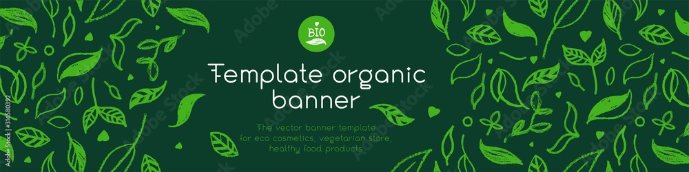 Banner organic ingredients, template design for healthy food concept, vegetarian food banner for eco store and market, eco-friendly background, green thinking concept, environmentally friendly banner. - obrazy, fototapety, plakaty 