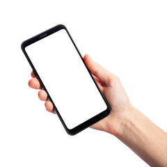 Woman holding smartphone with empty screen isolated on white background. Female hand with phone, space for text