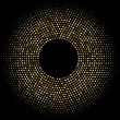 Golden halftone round frame. Abstract chaotic dots background