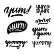 Set of Yum-yum inscription for stickers, advertising posters, menus and food industry. Symbol of delicious food