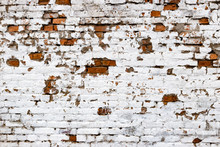 Red With White Retro Grunge Brickwall Backdrop. Stonewall Wallpaper. Vintage Wall With Peeled Plaster.