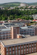 Traditional Zlin red brick buildings exterior, former shoe factory, Moravia, Czech Republic, sunny summer day, aerial view