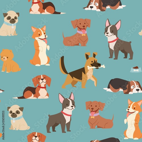 Mata magnetyczna Psy i szczenięta różnych ras papier pakowy z husky, buldog, sznycer, spaniel wektor wzór ilustracja. Kreskówka zwierzęta psy tło.