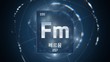 © remotevfx - 3D illustration of Fermium as Element 100 of the Periodic Table. Blue illuminated atom design background with orbiting electrons name atomic weight element number in Korean language