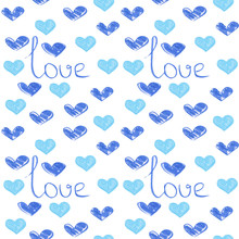 Valentine's Day Love Watercolor Phantom Blue Heart I Love You Seamless Pattern On White Background For Design