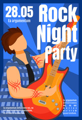 Poster - Rock night party brochure template. Guitarist. Concert, gig. Flyer, booklet, leaflet concept with flat illustration. Vector page cartoon layout for magazine. Advertising invitation with text space