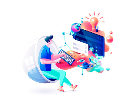 Xtreme colorful illustration man gamer manager distant remote work internet marketer designer freelancer sits at computer cyber power fluid telework web design business