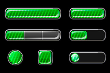 Set of glossy green striped buttons for interface.