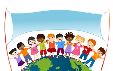 Poster - Isolated group of happy and smiling diverse and multiethnic children hugging each other and holding two rods with empty banner on a globe. Multicultural kindergarten. Childhood. Oneness. Peace