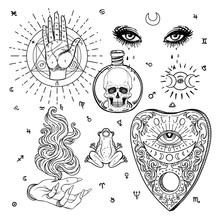 Witchcraft Set Of Vector Isolated Illustrations In Victorian Style. Hand, Planchette, Skull, Eyes. Mediumship Divination Equipment. Flash Tattoo Drawing. Alchemy, Religion, Spirituality, Occultism.
