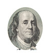 Benjamin Franklin portrait on one hundred US dollars banknote. Isolated on white.
