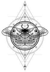 Wall Mural - Black and white moth over sacred geometry sign, isolated vector illustration. Tattoo flash. Mystical symbols and insects. Alchemy, occultism, spirituality, coloring book. Hand-drawn vintage.